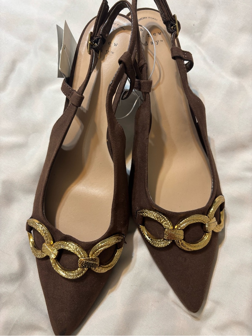 A  NEW DAY  Brown Suede Like Slingback Flats with Gold Chain Detail
Size 8 1/2
